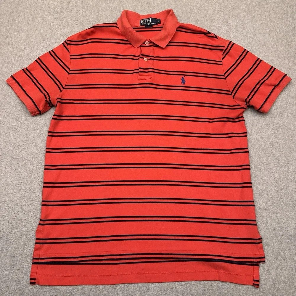 Vintage Polo Ralph Lauren Polo Shirt Men's L Red/Orange Striped 100% Cotton Golf